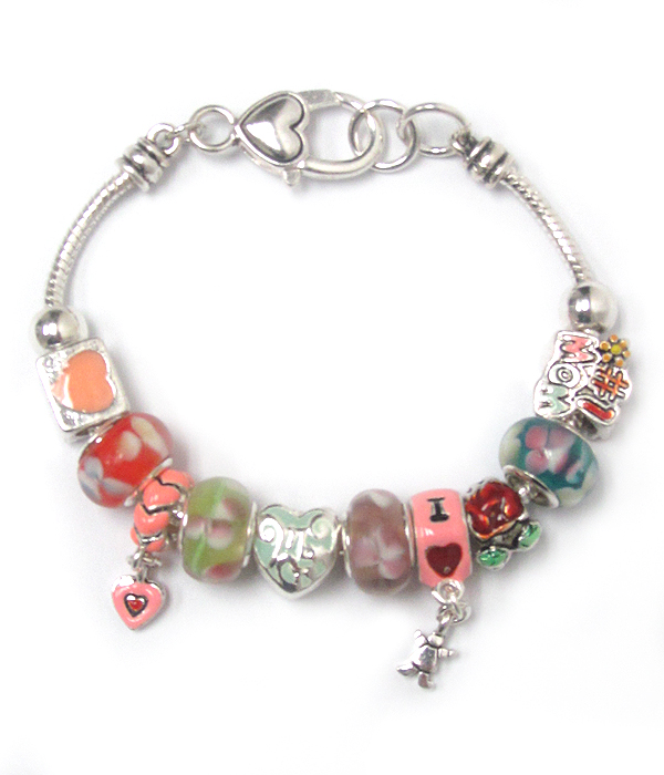 NUMBER ONE MOM THEME METAL EPOXY AND MULTI MURANO GLASS RING LINK PANDORA STYLE BRACELET
