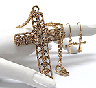 TEXTURED METAL CROSS WITH MULTI FLOWERS LONG NECKLACE EARRING SET