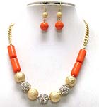 MULTI SANDY BALLS AND METAL CRYSTAL FIRE BALLS AND ACRYL RECTANGLE SHAPE DROP CHAIN NECKLACE EARRING SET