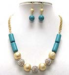 MULTI SANDY BALLS AND METAL CRYSTAL FIRE BALLS AND ACRYL RECTANGLE SHAPE DROP CHAIN NECKLACE EARRING SET