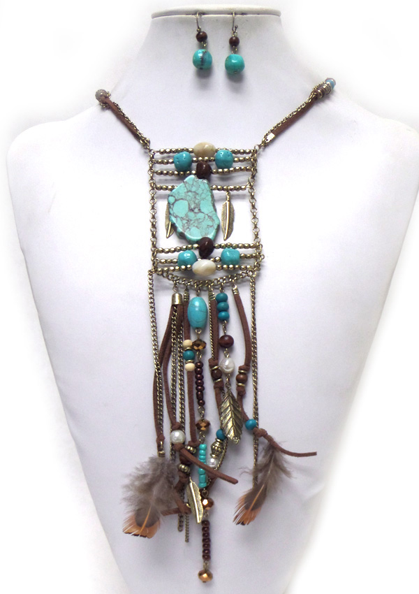 BOHEMIAN STYLE MULTI STONE AND FEATHER DROP NECKLACE SET