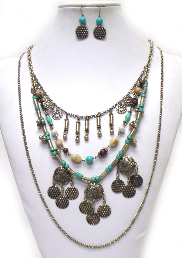 BOHEMIAN STYLE MULTI LAYER CHAIN AND DISK DROP NECKLACE SET