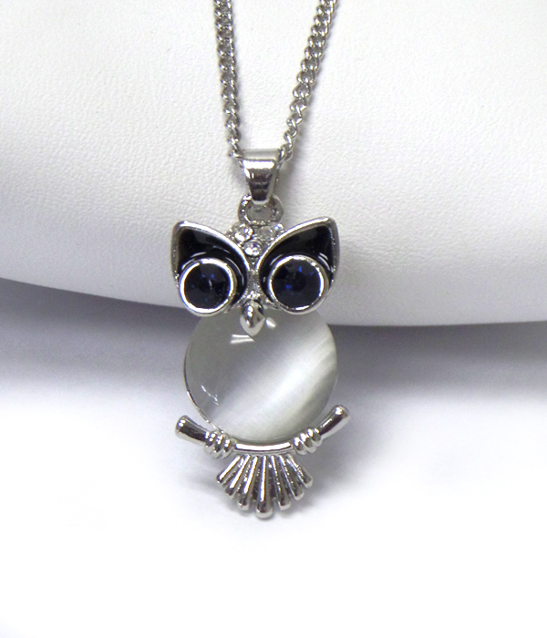 SWAROVSKI INSPIRED CATS EYE AND CRYSTAL OWL PENDANT NECKLACE
