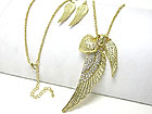 CRYSTAL STUD ANGEL WING AND HEART DANGLE LONG NECKLACE SET