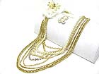 FABRIC FLOWER ACCENT MIXED METAL AND PEARL CHAIN LONG NECKALCE EARRING SET