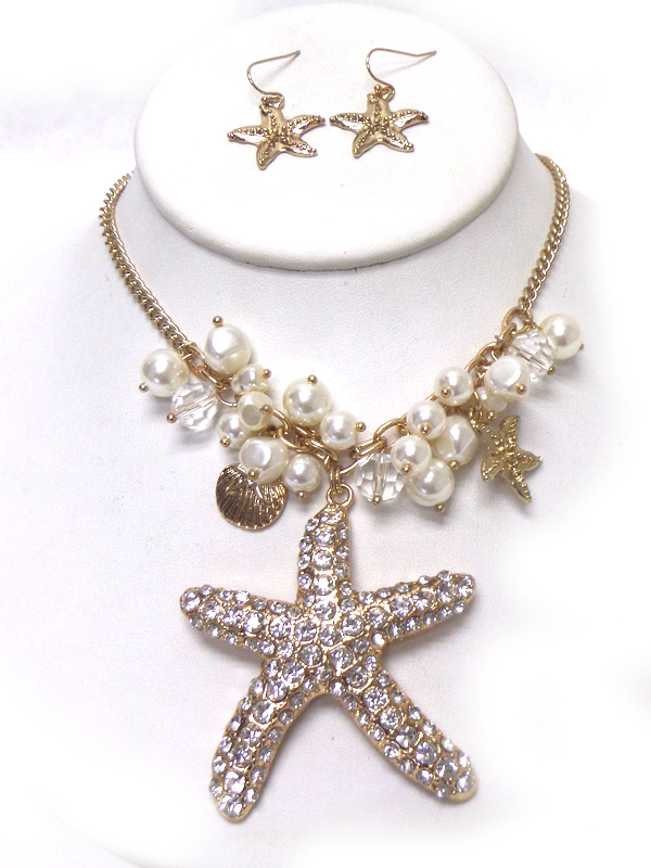 CRYSTAL STARFISH AND MULTI PEARL NECKLACE EARRING SET