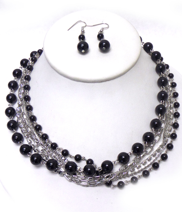 MULTI STRAND PEARL AND RHINESTONE METAL CHAIN NECKLACE EARRING SET