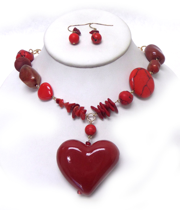 MULTI MIXED NATURAL STONES WITH ROUND WOOD DROP FASHION NATURAL STONE HEART CHAIN DROP NECKLACE EARRING SET -valentine