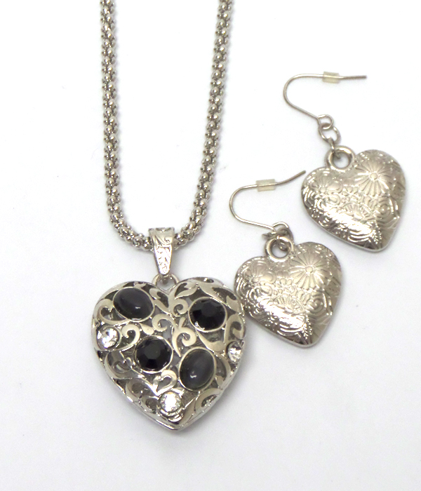 CRYSTAL STUD FILIGREE PUFFY HEART NECKLACE AND EARRING SET