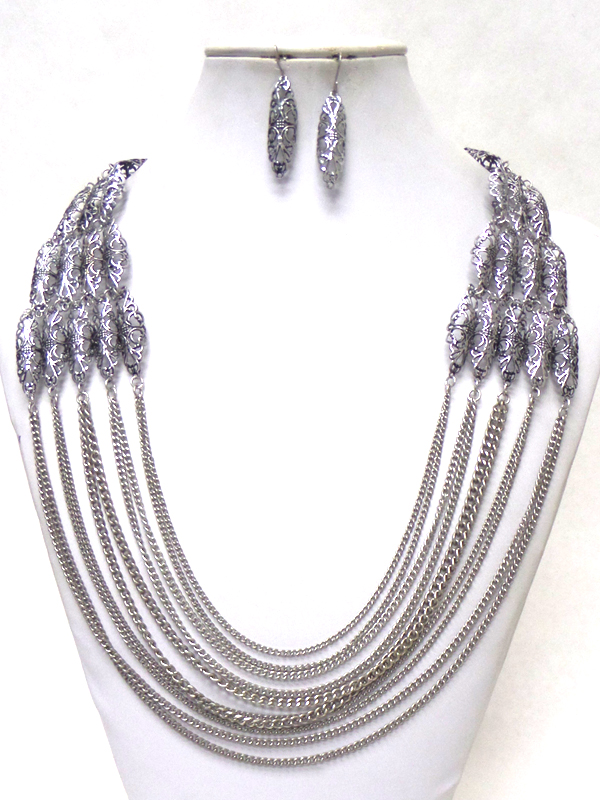MULTI ROW CHAIN HANGING LONG NECKLACE EARRING SET