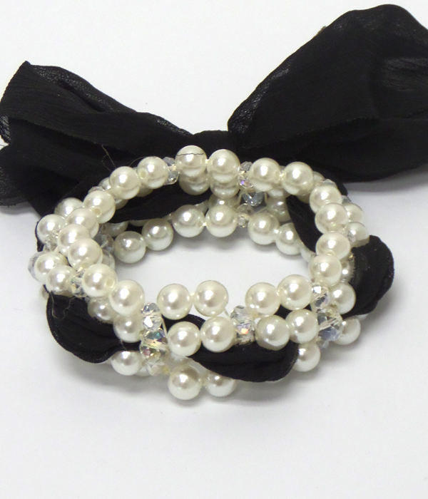 MULTI LINE PEARL AND FABRIC LINK STRETCH BRACELET