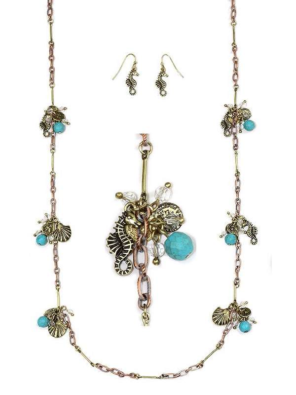 SEAHORSE AND SHELL LONG STATION NECKLACE SET