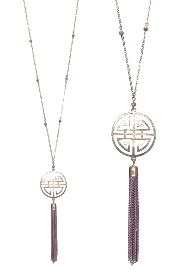METAL FILIGREE AND FINE CHAIN TASSEL DROP LONG NECKLACE