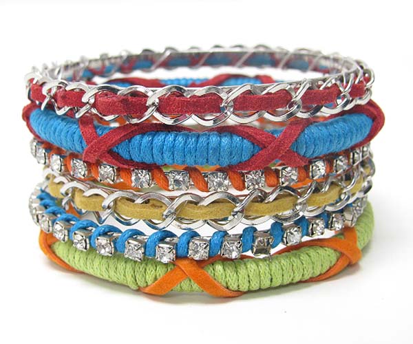 CRYSTAL DECO FABRIC AND LEATHERETTE WRAP MULTI STACKABLE BRACELET