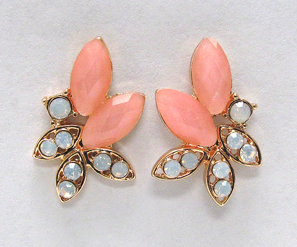 CRYSTAL METAL WITH LEAFS GLASS STONE STUD EARRING