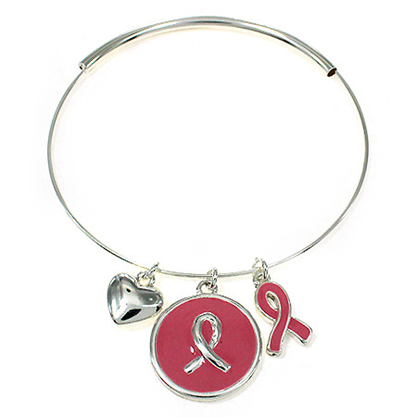 PINK RIBBON OR BOW MULTI EPOXY CHARM AND FLEXIBLE WIRE BANGLE BRACELET BREAST CANCER AWARENESS