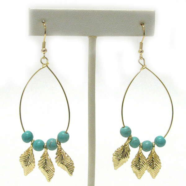 TURQUOISE BALL AND METAL LEAF ON WIRE EARRING