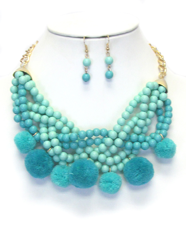MULTI LAYER BALL BEAD CHAIN TWIST AND POM NECKLACE SET