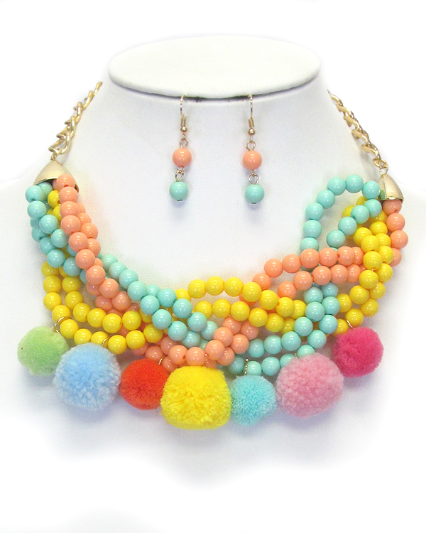 MULTI LAYER BALL BEAD CHAIN TWIST AND POM NECKLACE SET