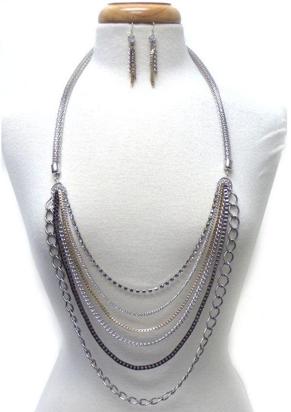 MULTI ROW MIXED METAL CHAIN NECKLACE EARRING