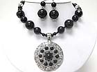BEADS DECO METAL FILIGREE ROUND PENDANT AND BEADS NECKLACE EARRING SET