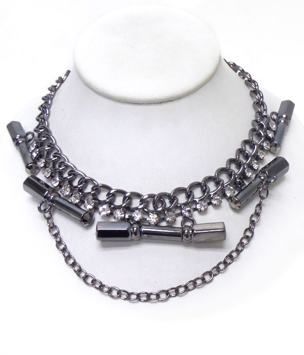 MULTI CRYSTAL AND METAL BAR DECO CHAIN DROP NECKLACE