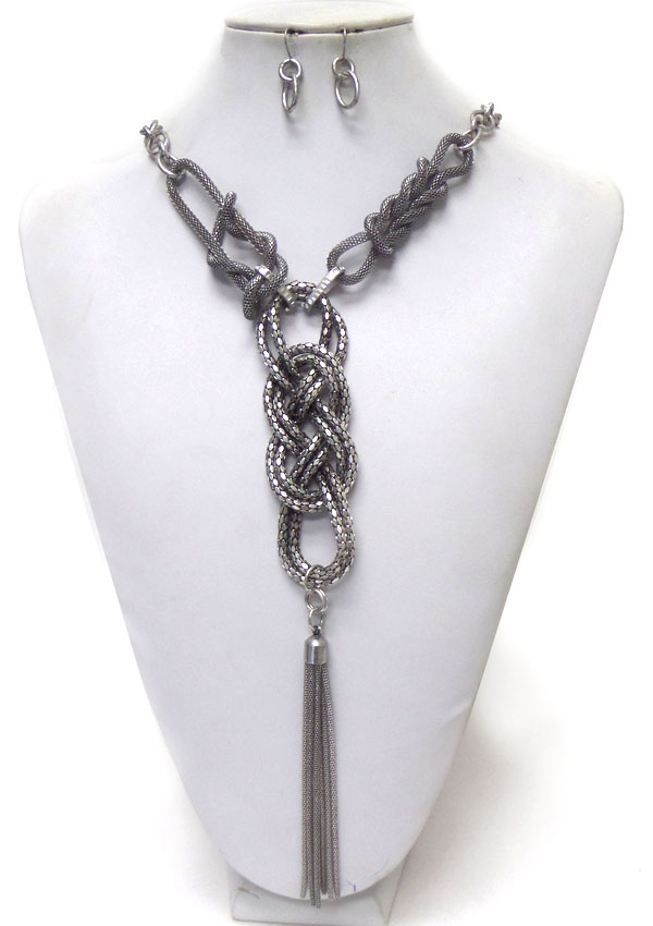 BRAIDED METAL TUBE CHAIN LONG NECKLACE EARRING SET