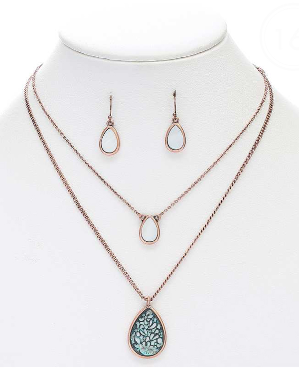 GEOMETRIC PATTERN AND MOP TEARDROP DOUBLE LAYER NECKLACE SET