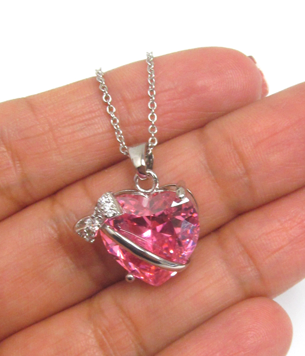 CUBIC ZIRCONIA HEART AND BOW PENDANT NECKLACE -valentine