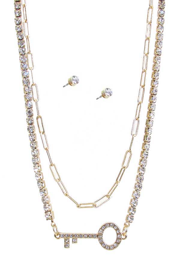 CRYSTAL KEY PENDANT AND CRYSTAL CHAIN DOUBLE LAYER NECKLACESET