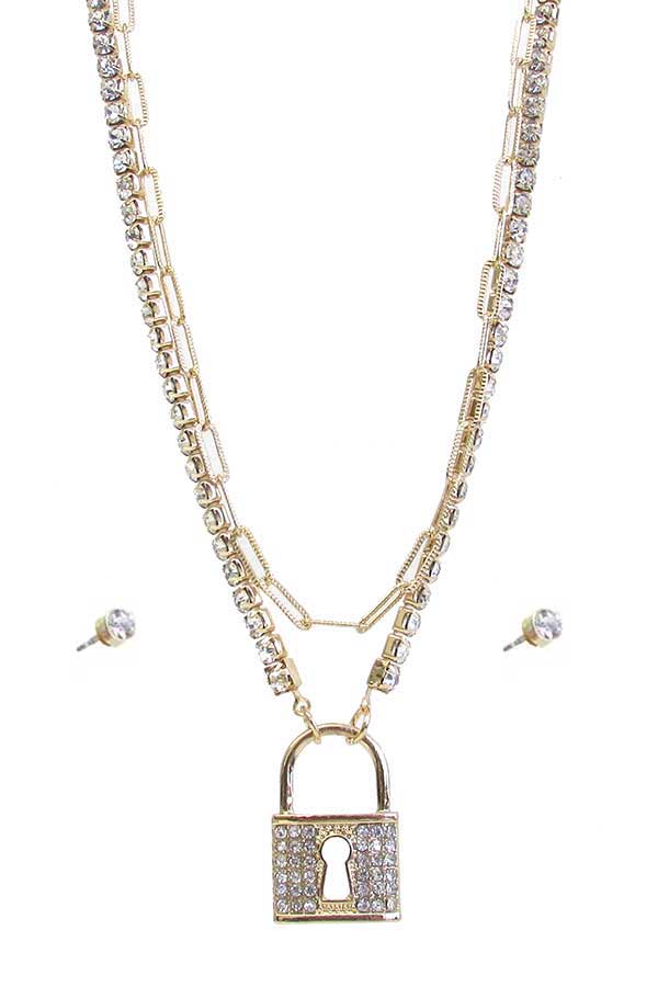 CRYSTAL LOCK PENDANT AND CRYSTAL CHAIN DOUBLE LAYER NECKLACE SET