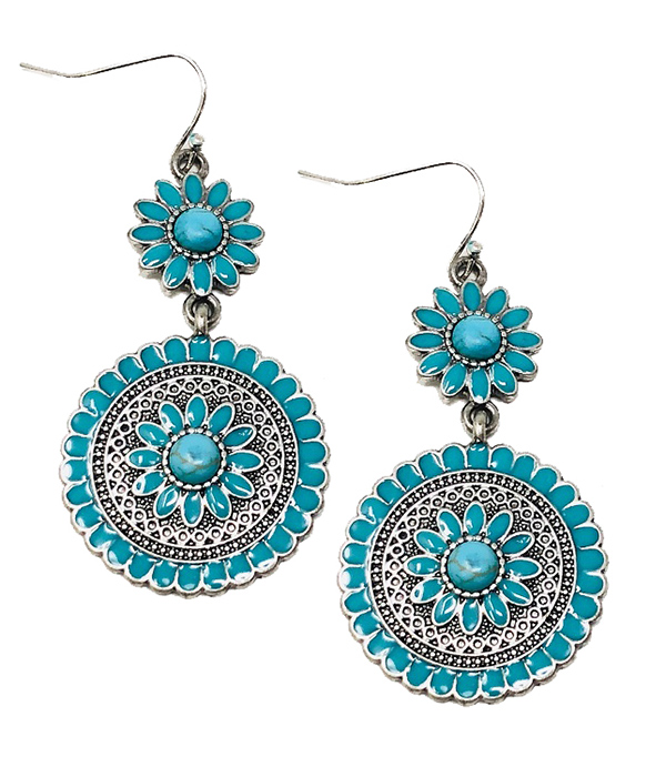 TURQUOISE AND METAL FILIGREE DISC DROP EARRING