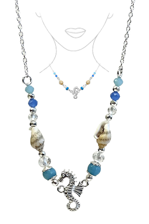 SEALIFE THEME MULTI BEAD AND NATURAL SHELL LINK NECKLACE - SEAHORSE