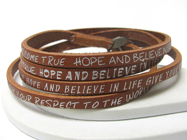 SYNTHETIC LEATHER COILED MESSAGE FRIENDSHIP BRACELET - HOPE AND BELIEVE INSPIRATION MESSAGE - FREE WRAP STYLE