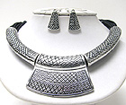 AZTEC PATTERN METAL AND MULTI CORD NECKLACE EARRING SET - Wholesale Jewelry