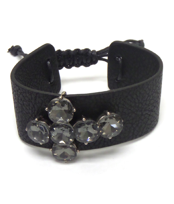 LEATHER TYPE WITH CROSS CRYSTALS PULL AND TIE BRACELET 