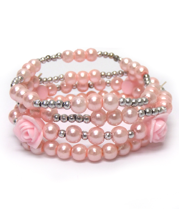 4 PIECE GLASS PEARLS WITH SMALL ROSES BRACELETS