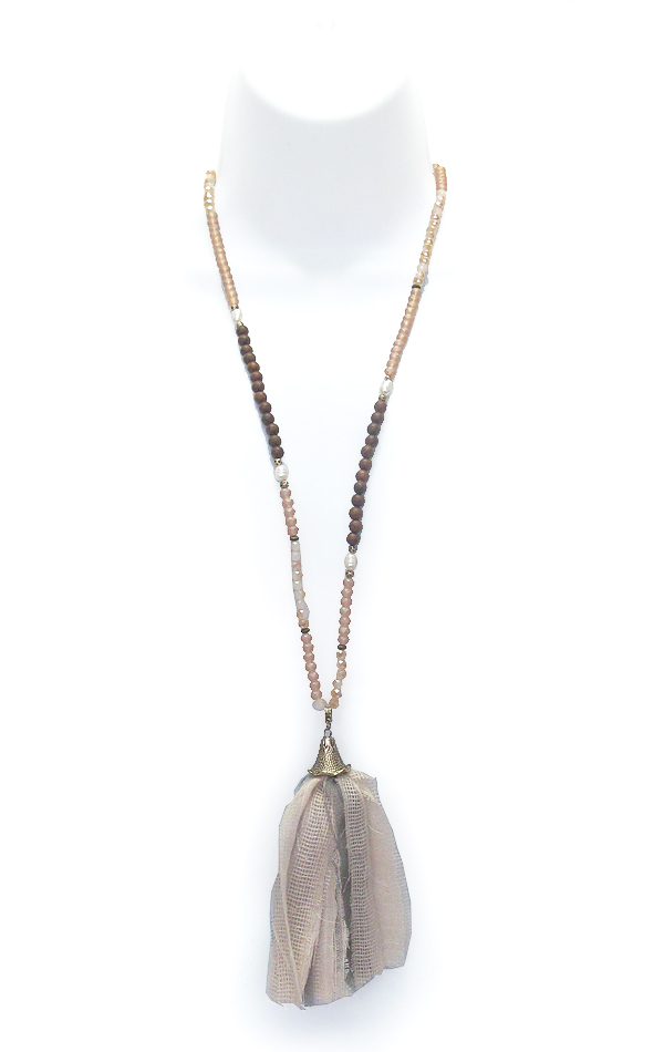 FRESHWATER PEARL AND WOOD MIXED BEAD AND FABRIC TASSEL PENDANT LONG NECKLACE