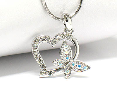 MADE IN KOREA WHITEGOLD PLATING CRYSTAL OPEN HEART WITH BUTTERFLY NECKLACE