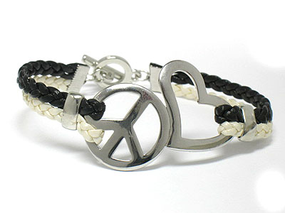 PEACE SYMBOL AND COLOR BRADIED CORD TOGGLE BRACELET