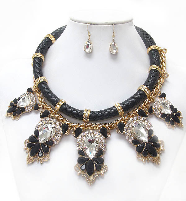 LUXURY LINE MULTI CRYSTAL AND FACET GLASS DECO LEATHERETTE CHAIN BOUTIQUE STYLE NECKLACE EARRING SET