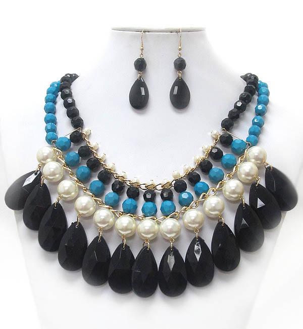 MULTI PEARL AND TEARDROP STATEMENT NECKLACE EARRING SET