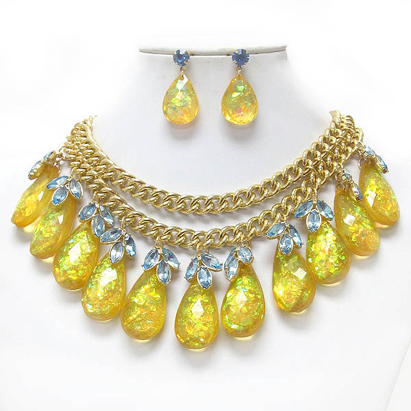 LUXURY LINE MULTI CRYSTAL AND ABALONE FINISH TEARDROP AND DOUBLE CHAIN BOUTIQUE STYLE NECKLACE EARRING SET
