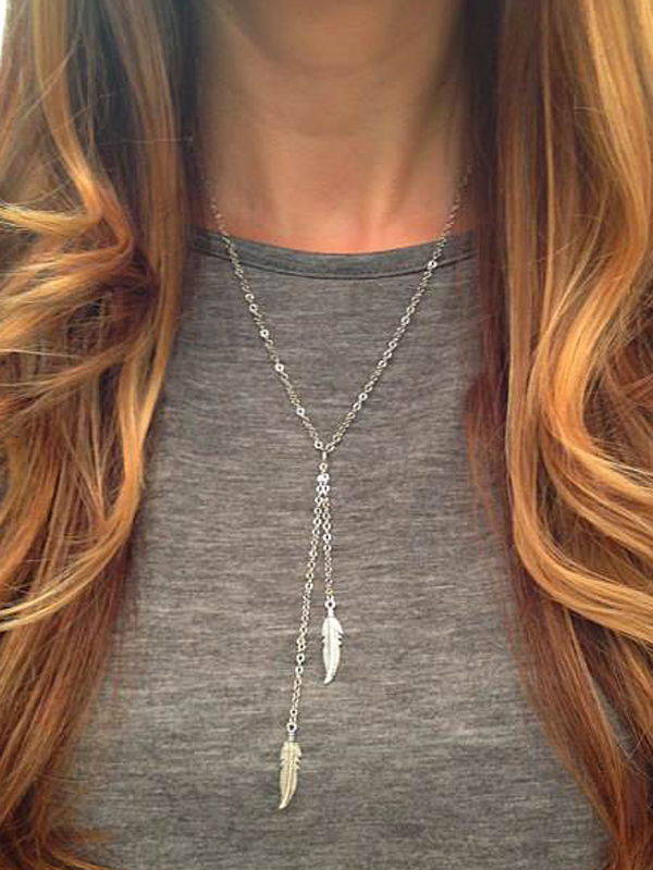 ETSY STYLE SIMPLE TWO FEATHER DROP LONG NECKLACE