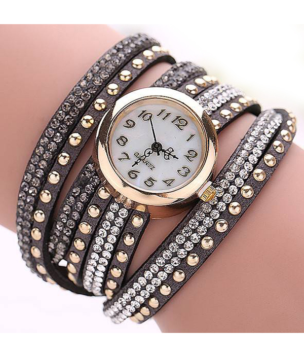 METAL AND CRYSTAL STUD LONG LEATHER WRIST WRAP WATCH 