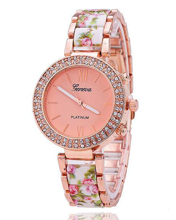 CRYSTAL STUD FLORAL ACRYL AND METAL CASE WATCH
