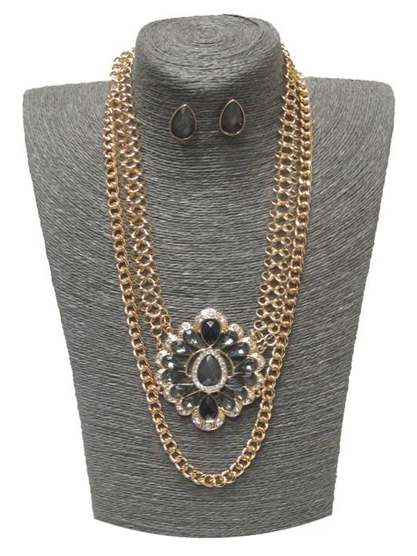 SPRING STATEMENT CRYSTAL AND GLASS MIX FLOWER DOUBLE LAYER CHAIN NECKLACE SET