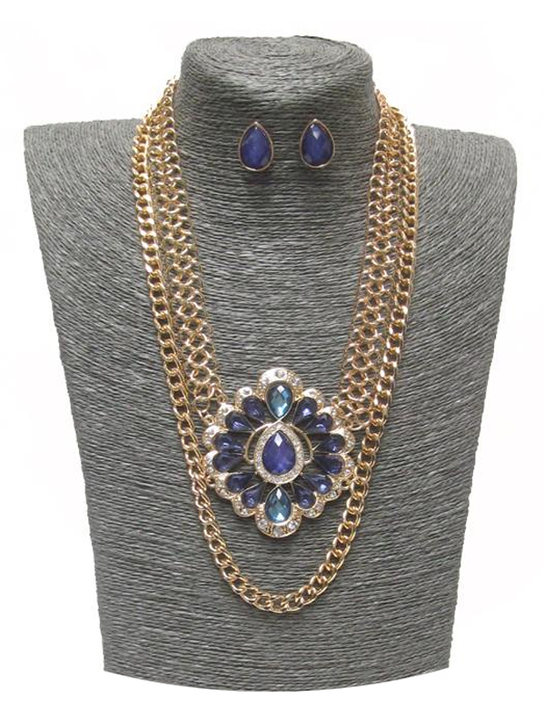 SPRING STATEMENT CRYSTAL AND GLASS MIX FLOWER DOUBLE LAYER CHAIN NECKLACE SET