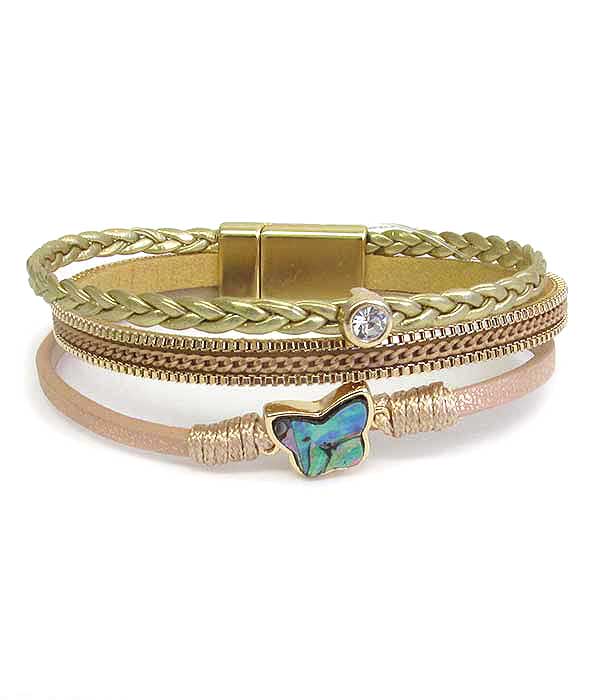ABALONE BUTTERFLY AND MULTI LAYER LEATHERETTE MAGNETIC BRACELET