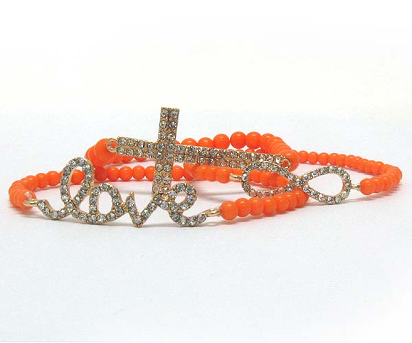 CRYSTAL CROSS ,LOVE ,TIWST THEME METAL WITH MULTI ARYLY BEADS STRETCH BARCELET SET OF THREE
